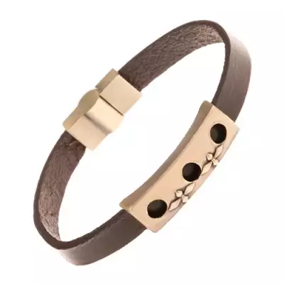 Barna bőr karkötő sárgaréz színű táblával - kerek kivágás, keresztek