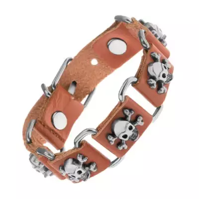 Barna karkötő szintetikus bőrből és acélból, koponya keresztezett csontokkal