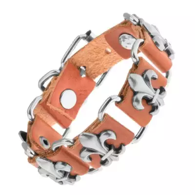 Barna karkötő műbőrből és acél oválisokból, Fleur de Lis szimbólum