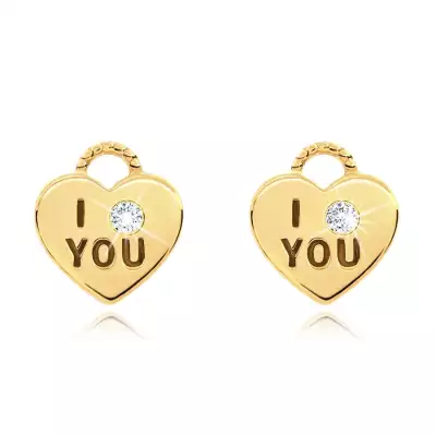 14K sárga arany fülbevaló - szív lakat, átlátszó cirkónia, I love you felirat