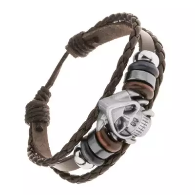 Állítható karkötő műbőr sávból, gyöngyök, koponya