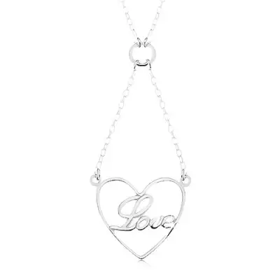 925 ezüst nyakék, nyaklánc és medál - szív körvonal, Love felirat