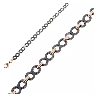 Acél-kerámia karkötő, fekete végtelen jel, ovális szemek réz színben