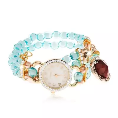 Gyöngyös karóra, kék gyöngyökből, szívecske, számlap cirkóniákkal