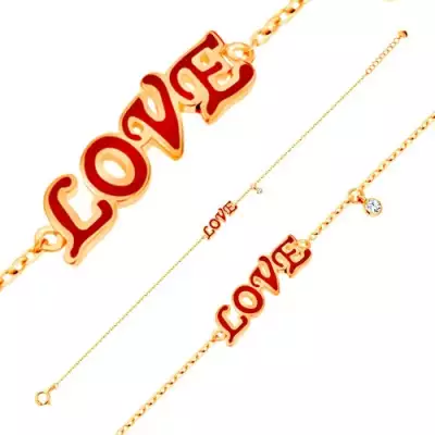 Nyaklánc 14K sárga aranyból, medálok - piros fénymázas LOVE felirat, cirkónia
