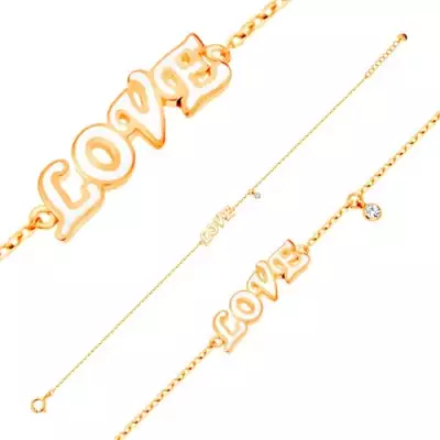 14K sárga arany karkötő, medálok - fehér fénymázas LOVE felirat és cirkónia 