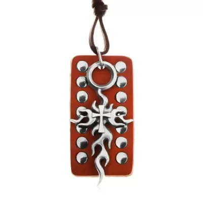 Bőr nyaklánc, állítható - barna, szegecses tábla, törzsi kereszt