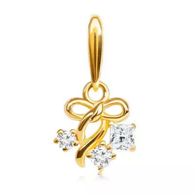 Medál 14K sárga aranyból - vékony, fényes masni és három cirkónia átlátszó színben