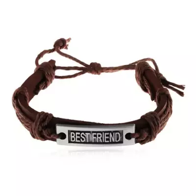 Barna karkötő műbőrből és zsinórokból, acél tábla - BEST FRIEND