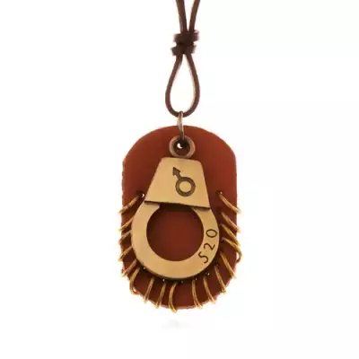 Bőr nyaklánc - állítható, bilincs számmal, barna tábla karikákkal