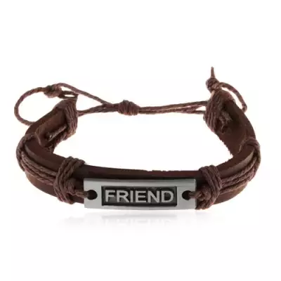 Állítható karkötő műbőrből és zsinórokból, acél tábla - FRIEND