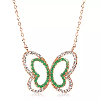 Nyaklánc 925 ezüstből, réz árnyalat, csillogó zöld-átlátszó lepke körvonal