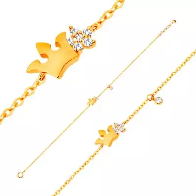 14K sárga arany karkötő - fénylő korona és átlátszó cirkóniás virág, 180 mm