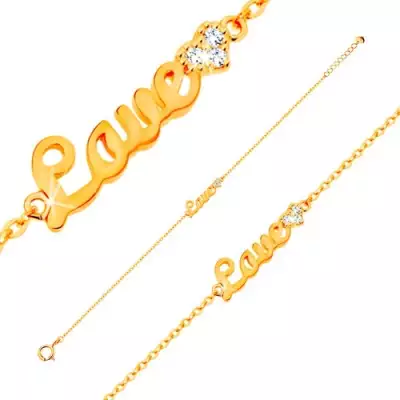 585 arany karkötő - Love felirat és csillogó cirkóniás szív, vékony lánc, 185 mm