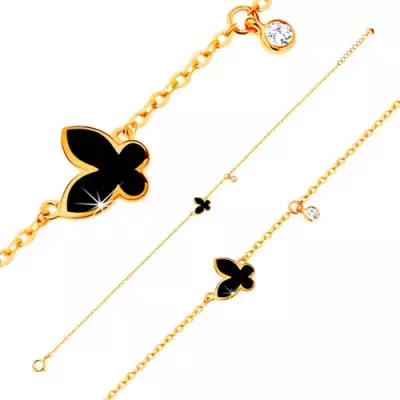 Karkötő 585 sárga aranyból - fénymázas fekete lepke és kerek, átlátszó cirkónia