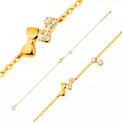 Karkötő 14K sárga aranyból - két csillogó masni és átlátszó cirkónia, lánc
