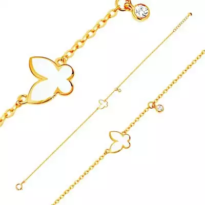 Karkötő 585 sárga aranyból - fénymázas fehér lepke és kerek cirkónia átlátszó színben