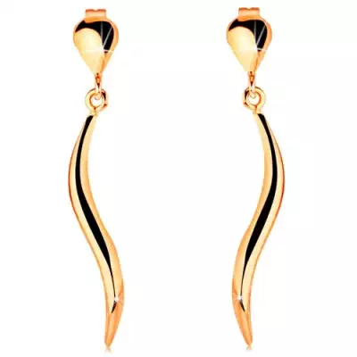 14K arany fülbevaló - fényes könnycseppen függő kidomborodó hullám, bedugós