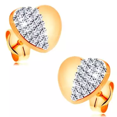 Fülbevaló 14K sárga aranyból - fényes, szimmetrikus szív csillogó féllel