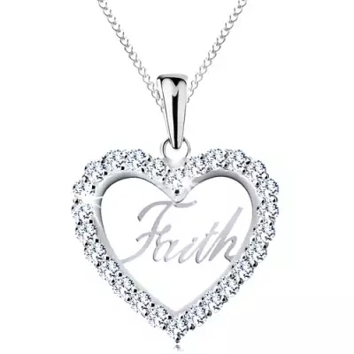925 ezüst nyaklánc, cirkóniás szív körvonal, Faith felirat, vékony lánc