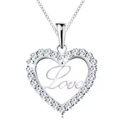 925 ezüst nyaklánc, vékony lánc, csillogó kontúr szív, Love felirat