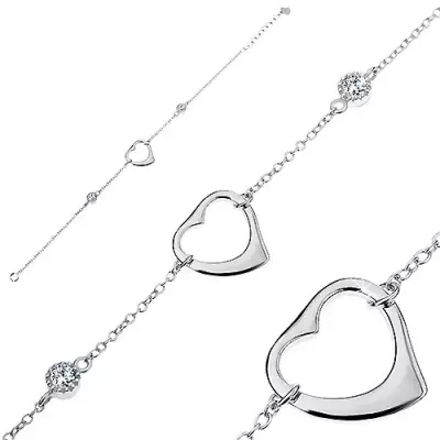 Állítható karkötő - 925 ezüst, fényes szív körvonal, két kerek cirkónia