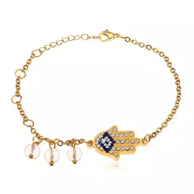 Sebészeti acél karkötő, arany színben, kék és átlátszó cirkóniás Hamsa kéz, átlátszó gyöngyök