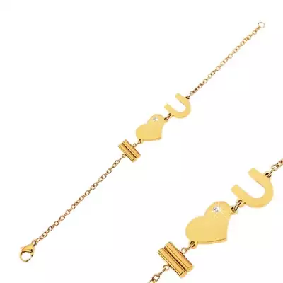 Acél karkötő arany színben I Love You felirattal és átlátszó cirkóniával