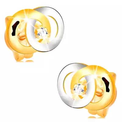 14K arany fülbevaló - két összekapcsolt karika, átlátszó briliáns középen