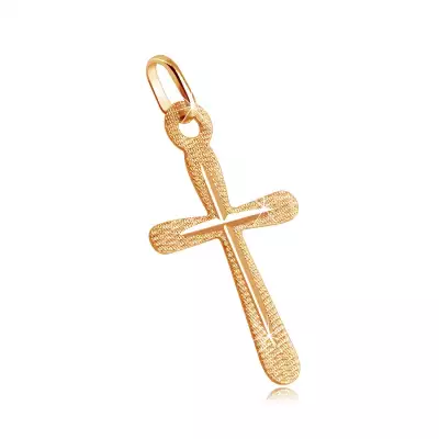 Medál 585 sárga aranyból - lapos kereszt, csillogó vonalas felület