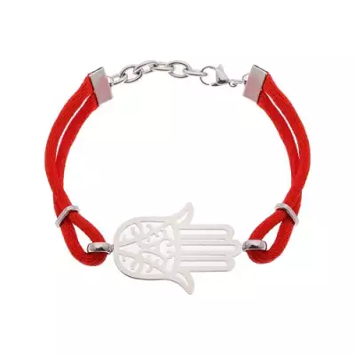 Karkötő sebészeti acélból és piros zsinórokból, kivágott Hamsa szimbólum