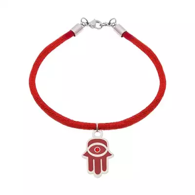 Karkötő 316L acélból és piros zsinórból, Fatima keze fénymázzal és cirkóniával
