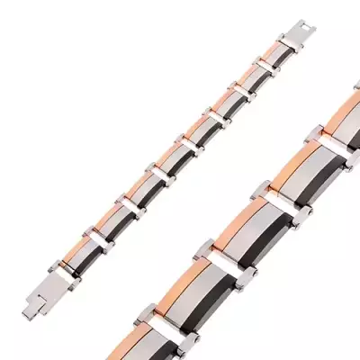 Acél karkötő, háromszínű téglalap alakú szemek, fényes kidomborodó felület