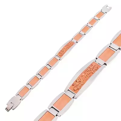 316L acél karkötő, tábla kínai sárkányokkal, ezüst és réz szín