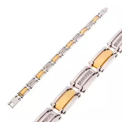 Sebészeti acél karkötő, kétszínű szemek, átlátszó cirkóniás sávok