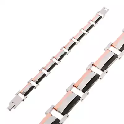 316L acél karkötő, háromszínű téglalap alakú szemek kidomborodó középpel