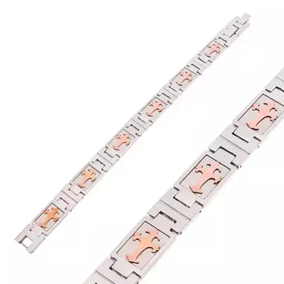 316L acél karkötő ezüst színben, réz árnyalatú liliomos kereszttel