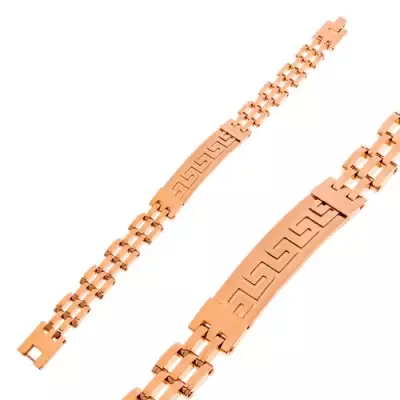 316L acél karkötő réz színben, matt tábla görög kulccsal