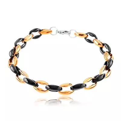 316L acél karkötő, merőlegesen összekapcsolt ovális szemek, fekete és réz szín