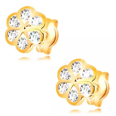 Fülbevaló sárga 14K aranyból - virág sima körvonalakkal és átlátszó cirkóniákkal