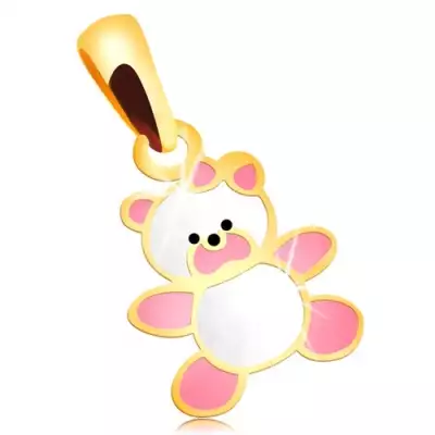 585 arany medál - maci rózsaszín és fehér fénymázzal díszítve