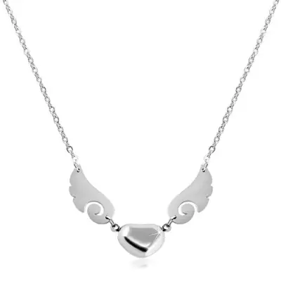 Ezüstszínű 316L acél nyakék, fényes szív angyalszárnyakkal
