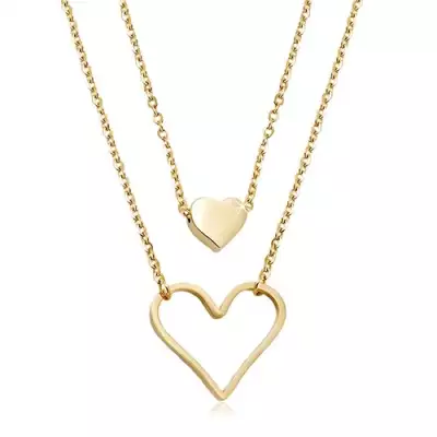 Arany színű acél nyakék, kicsi teli szív, nagy szív körvonal, két lánc