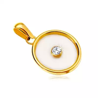 14K sárga arany medál - kör gyöngyház középpel és átlátszó cirkóniával