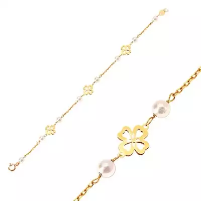 Gyermek 14K sárga arany karkötő - gömbölyű fehér gyöngyök és négylevelű lóherék