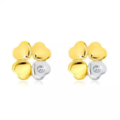 14K arany fülbevaló - szerencsét hozó négylevelű lóhere, szív cirkóniával