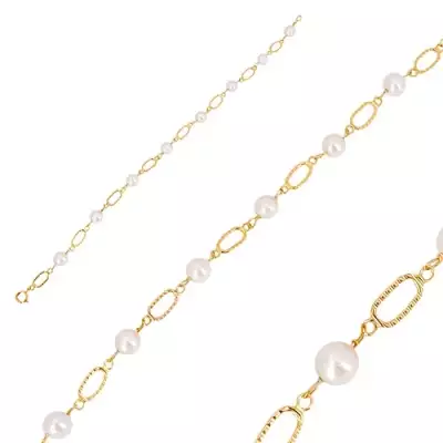 585 sárga arany karkötő - fehér gömbölyű gyöngy, ovális láncszemek vésetekkel