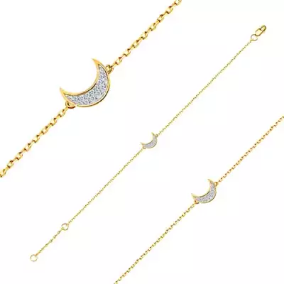 14K arany karkötő - fényes lánc, félhold medál cirkóniákkal kirakva