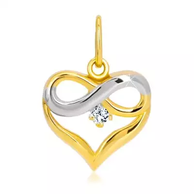 14K kombinált arany medál - szív körvonal, végtelen szimbólum, cirkónia