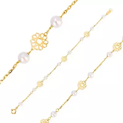Gyerek karkötő 585 sárga aranyból - díszes virágok, gyöngyök